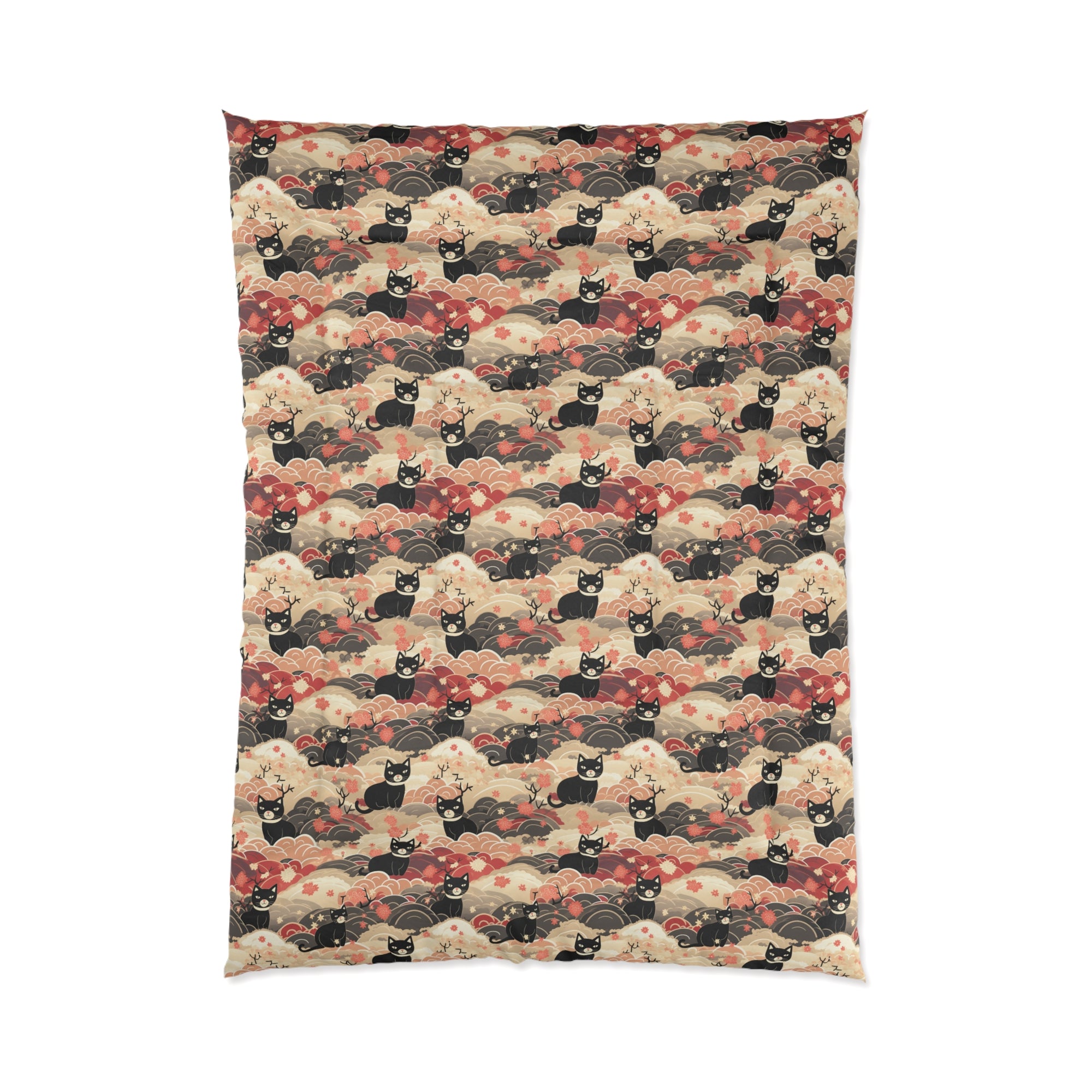 Comforter - A whimsical and enchanting Japanese-style pattern featuring cute black and orange cats nestled among vibrant orange blossoms and soft, cloudy backgrounds.