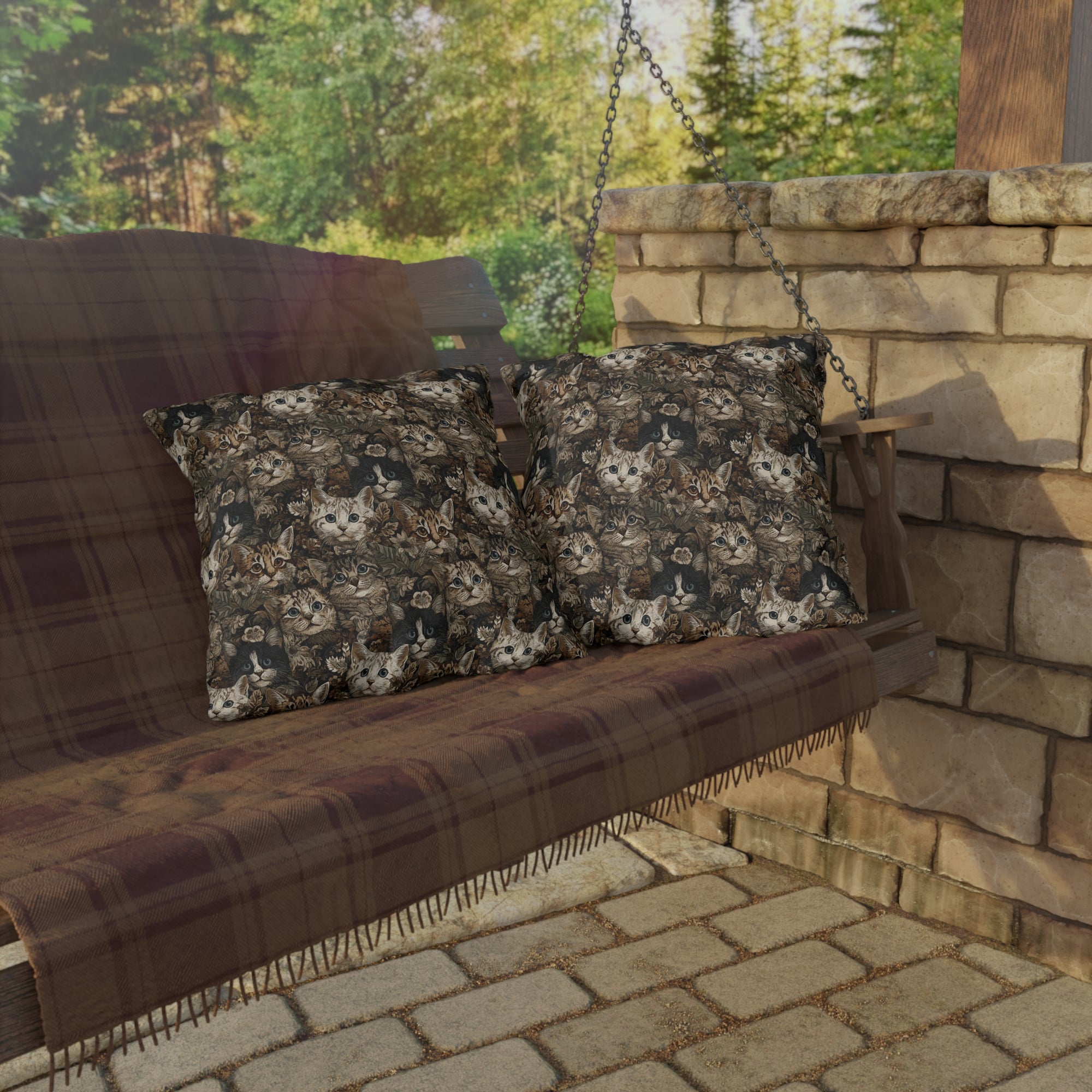 Outdoor Pillow - An intricate and detailed vintage illustration featuring a close-up of various fluffy cats with bright eyes amidst lush, ornate floral foliage in sepia tones.