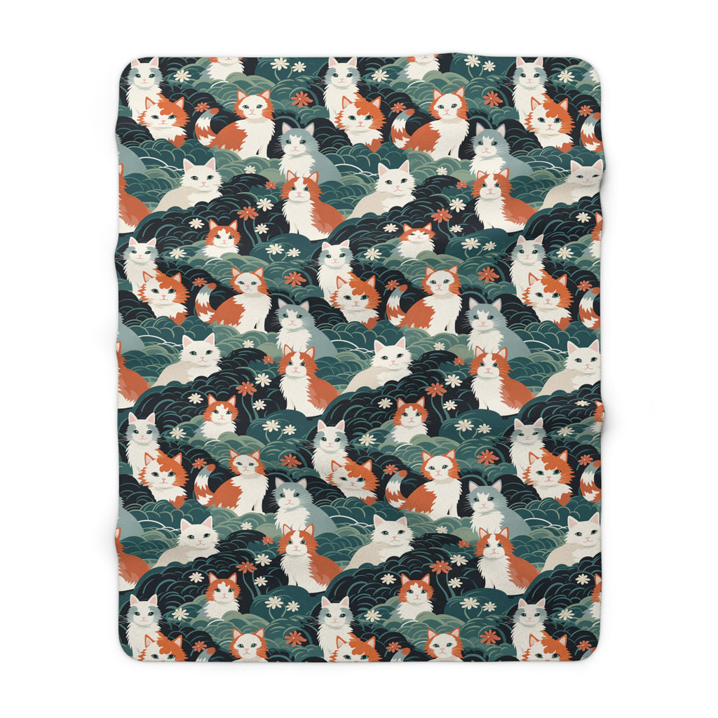 Sherpa Blanket - A whimsical, fluffy, watercolor depiction of various cats of different colors peeking out from a dense dark blue and green bush with white flowers.