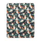 Sherpa Blanket - A whimsical, fluffy, watercolor depiction of various cats of different colors peeking out from a dense dark blue and green bush with white flowers.