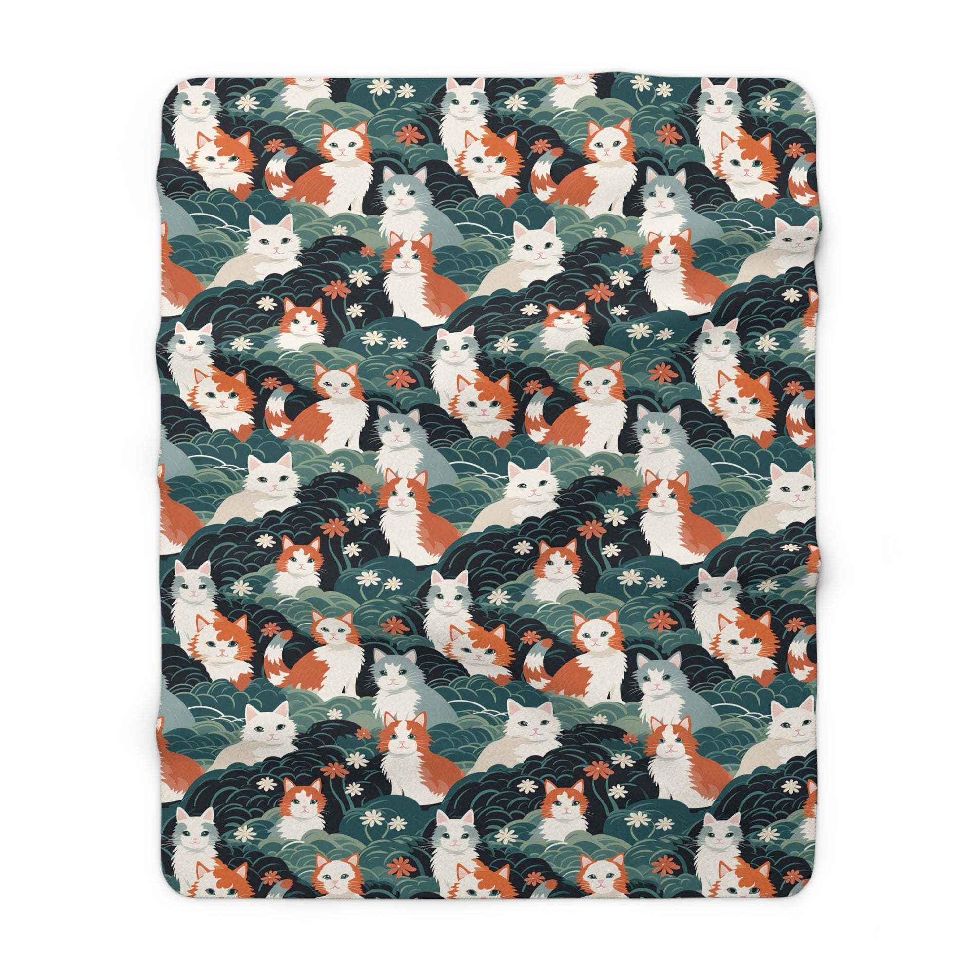 Sherpa Blanket - A whimsical, fluffy, watercolor depiction of various cats of different colors peeking out from a dense dark blue and green bush with white flowers.