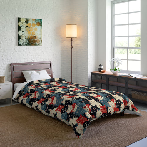 Comforter - A bold and graphic pop art style illustration featuring a tight-knit cluster of various fluffy felines in black, white, red, and blue.