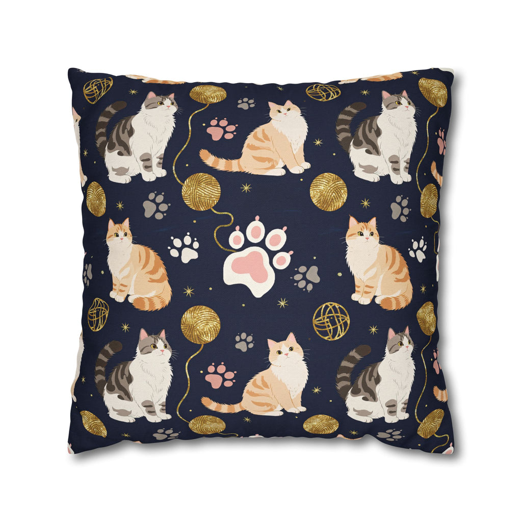 Square Pillowcase - Charming cats and golden yarn playful design, cute kittens with paw prints, whimsical animal art for cat lovers, dark blue background, delightful pet themed illustration