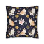 Square Pillowcase - Charming cats and golden yarn playful design, cute kittens with paw prints, whimsical animal art for cat lovers, dark blue background, delightful pet themed illustration