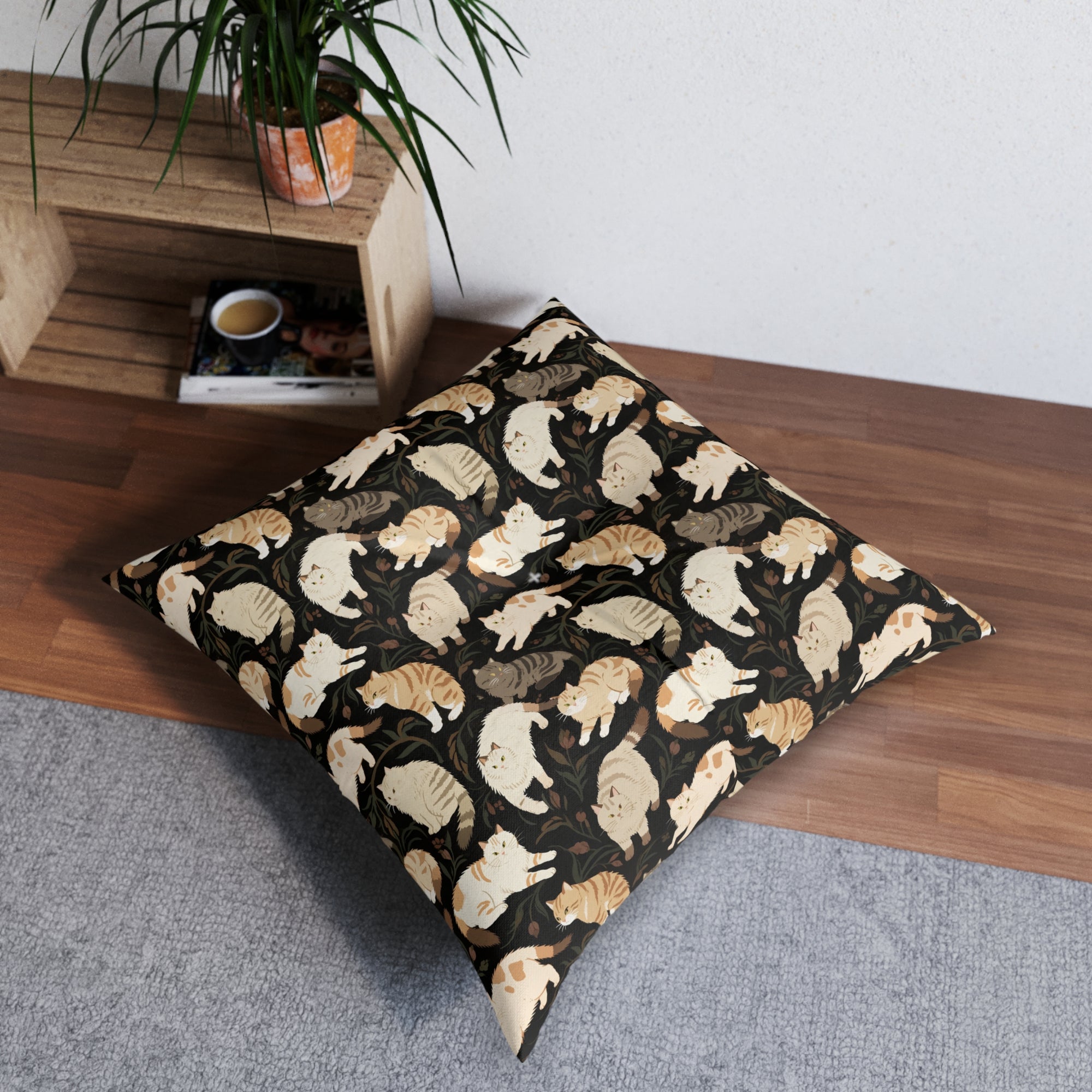 Indoor Square Floor Pillow - Earthy Toned Cats Lounge and Play Amidst Dark Foliage in a Serene and Naturally Inspired Seamless Pattern Design
