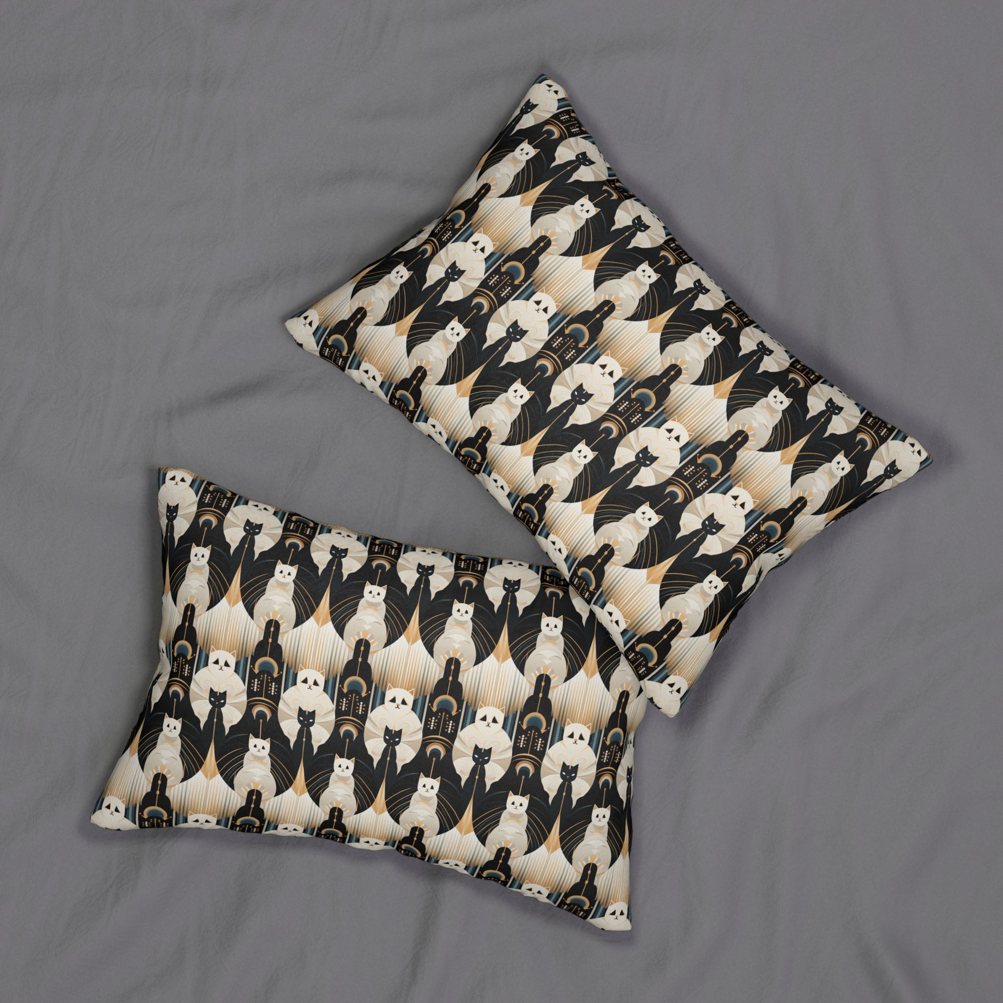 Indoor Lumbar Pillow - An elegant and artistic Art Deco-style pattern featuring streamlined white cats with a striking geometric backdrop of golden and black lines and shapes.