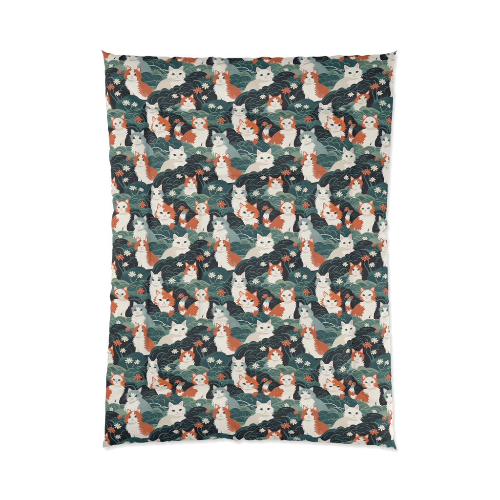 Comforter - A whimsical, fluffy, watercolor depiction of various cats of different colors peeking out from a dense dark blue and green bush with white flowers.