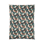 Comforter - A whimsical, fluffy, watercolor depiction of various cats of different colors peeking out from a dense dark blue and green bush with white flowers.