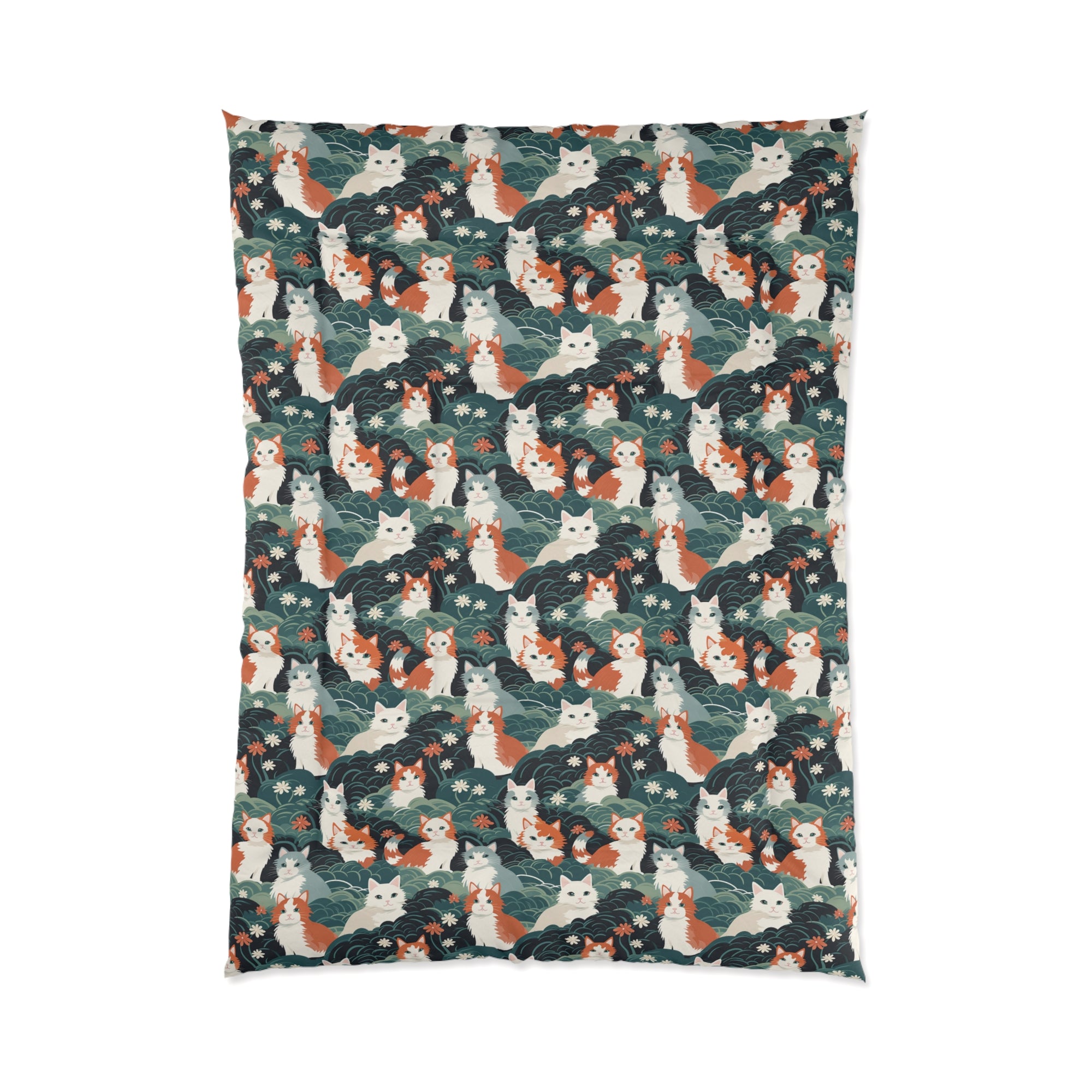 Comforter - A whimsical, fluffy, watercolor depiction of various cats of different colors peeking out from a dense dark blue and green bush with white flowers.