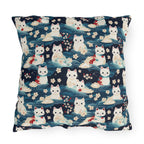 Outdoor Pillow - A lovely, playful, Japanese-inspired illustration of sweet white cats sitting on rolling blue waves with red and white flowers and gentle clouds.