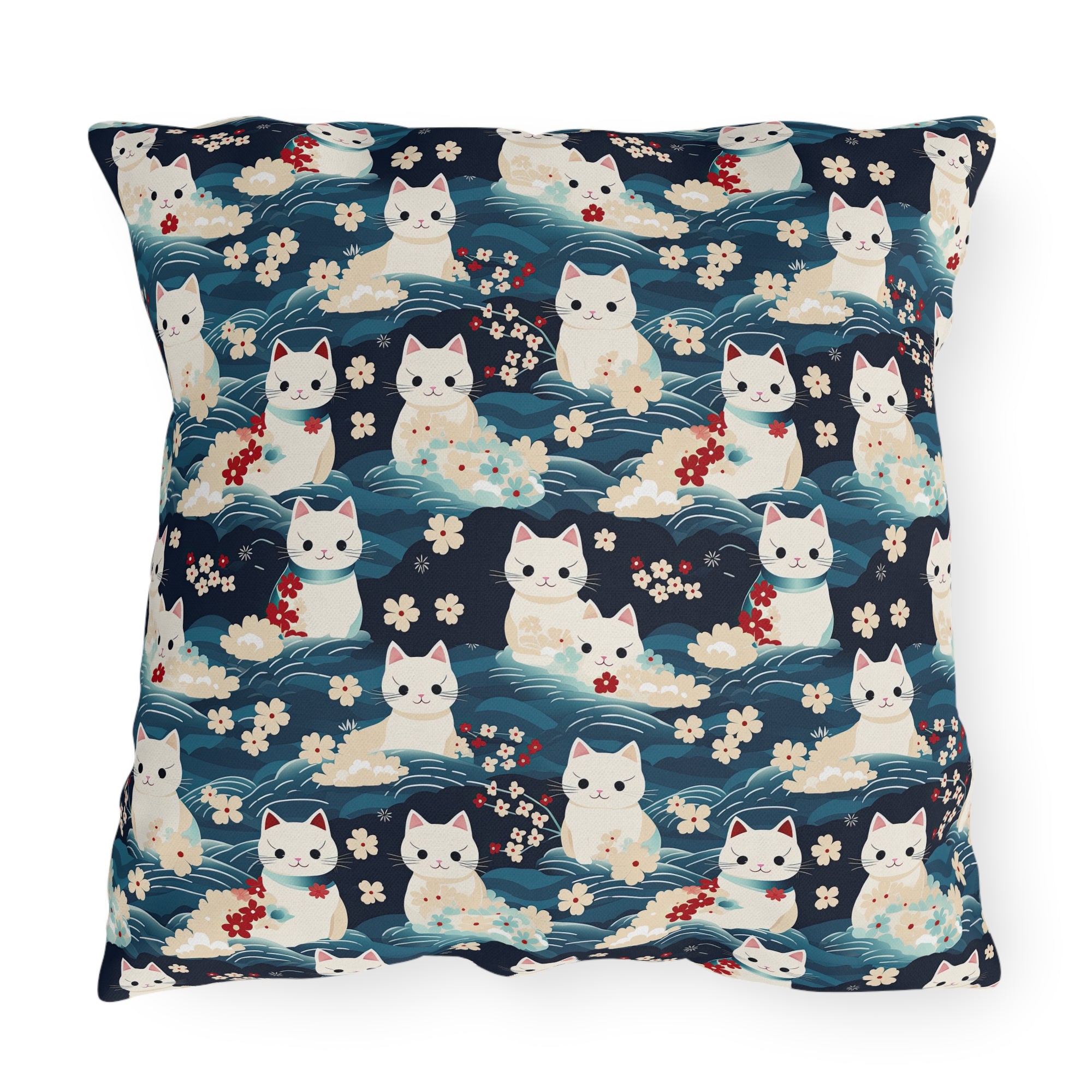 Outdoor Pillow - A lovely, playful, Japanese-inspired illustration of sweet white cats sitting on rolling blue waves with red and white flowers and gentle clouds.