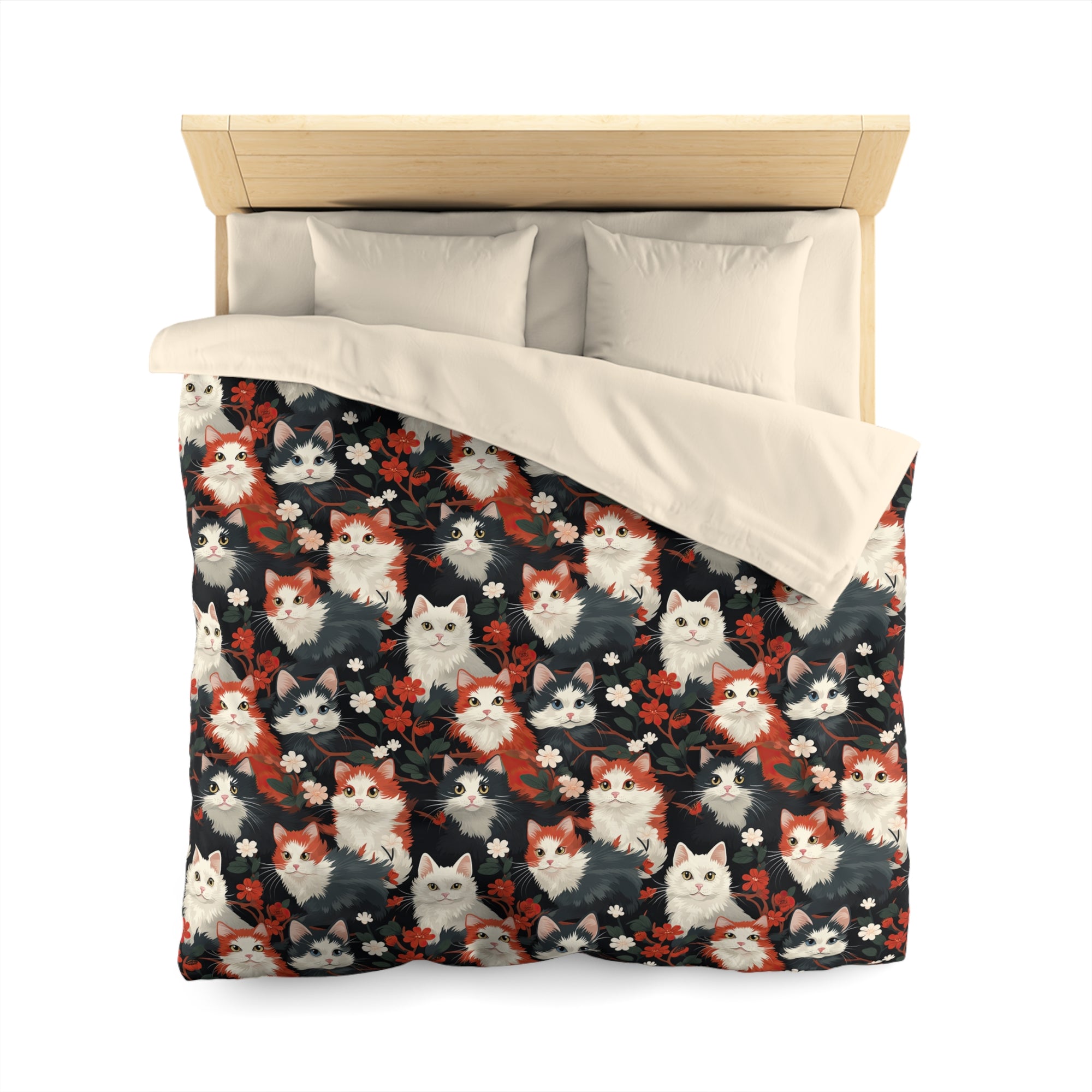 Duvet Cover - A detailed and ornate Victorian-style pattern featuring a tight grouping of fluffy cats of various colors surrounded by black and red flowers and leaves.
