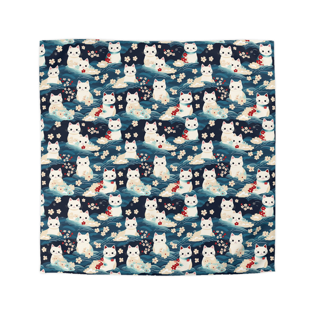 Duvet Cover - A lovely, playful, Japanese-inspired illustration of sweet white cats sitting on rolling blue waves with red and white flowers and gentle clouds.