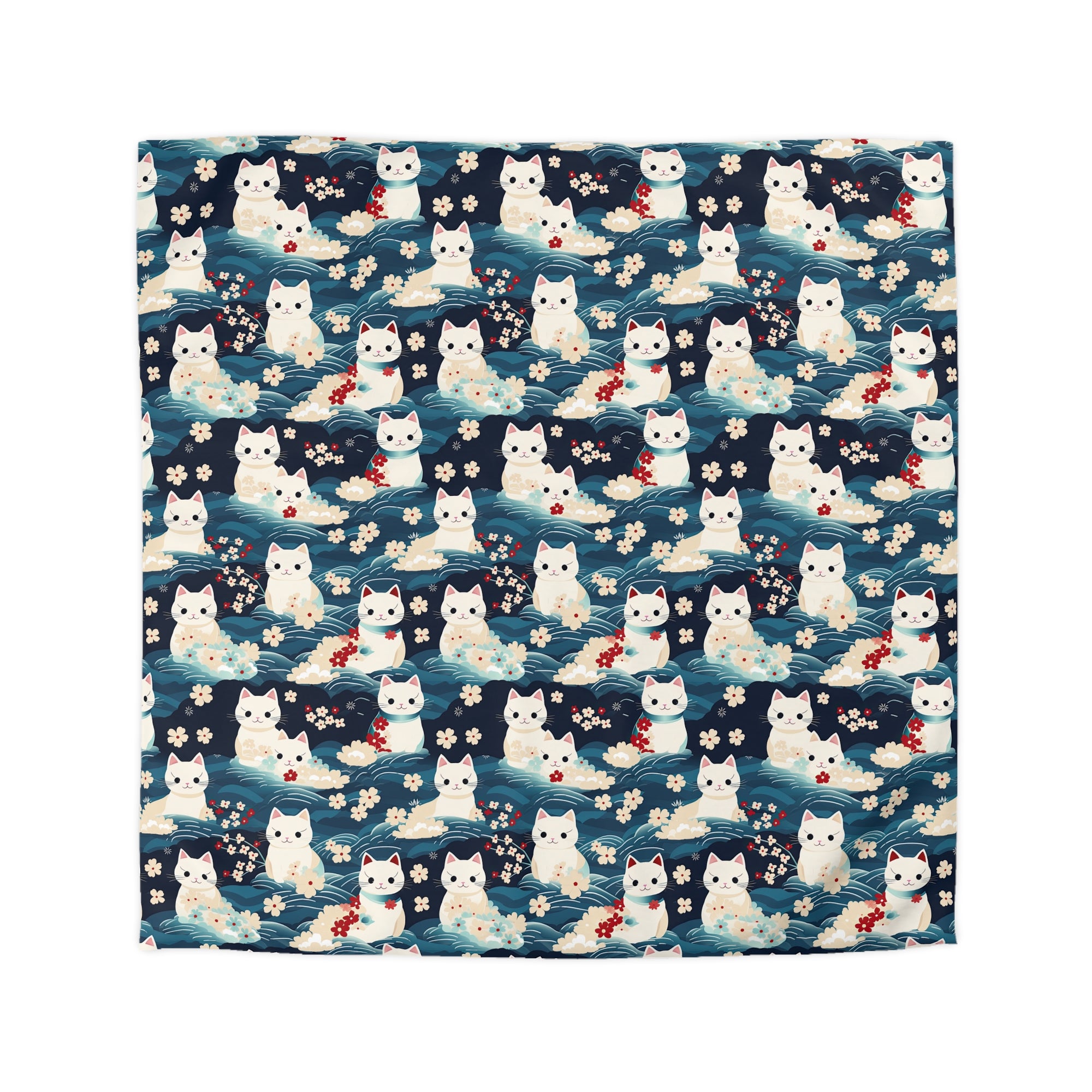 Duvet Cover - A lovely, playful, Japanese-inspired illustration of sweet white cats sitting on rolling blue waves with red and white flowers and gentle clouds.