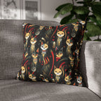 Square Pillowcase - A bold and striking Art Deco pattern showcasing stylized feline portraits with sharp, gold lines and geometric shapes set against a dark, dramatic background.