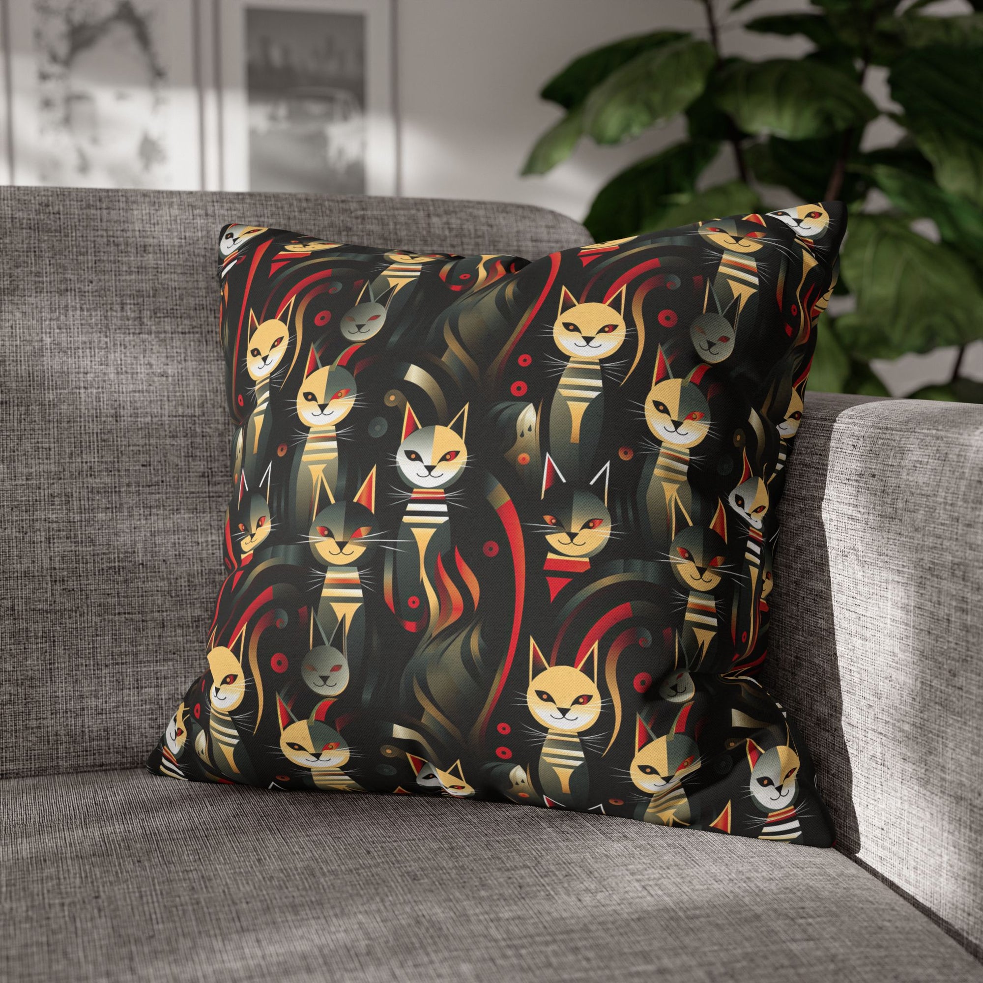 Square Pillowcase - A bold and striking Art Deco pattern showcasing stylized feline portraits with sharp, gold lines and geometric shapes set against a dark, dramatic background.