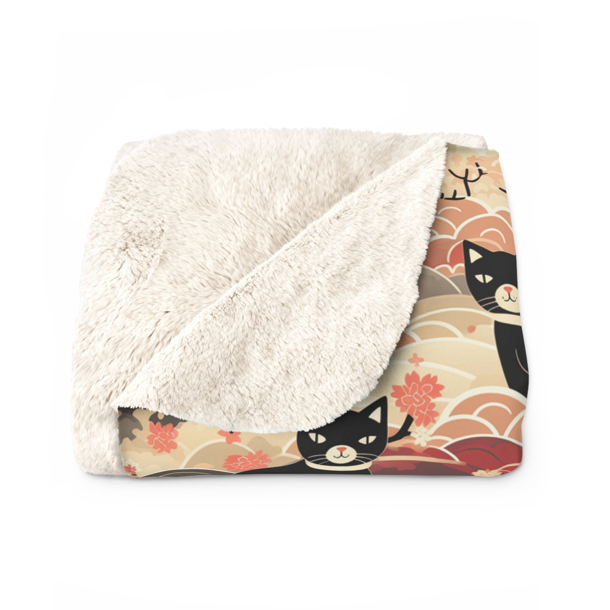 Sherpa Blanket - A whimsical and enchanting Japanese-style pattern featuring cute black and orange cats nestled among vibrant orange blossoms and soft, cloudy backgrounds.
