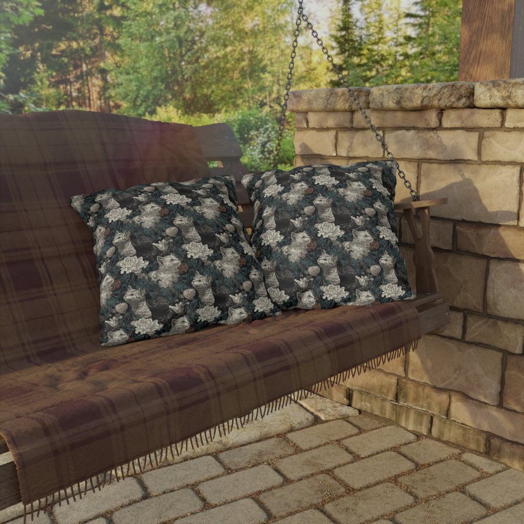 Outdoor Pillow - Grey and White Kittens with Creamy White Flowers and Dark Green Foliage, Elegant Vintage Vibe