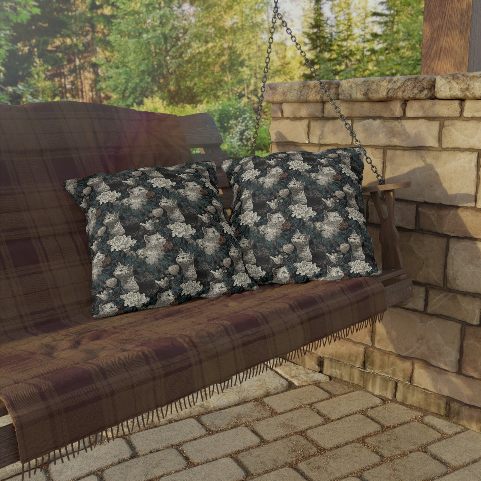Outdoor Pillow - Grey and White Kittens with Creamy White Flowers and Dark Green Foliage, Elegant Vintage Vibe