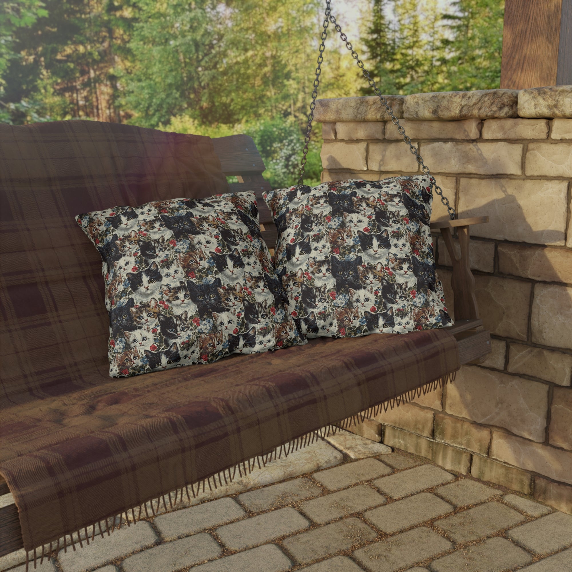 Outdoor Pillow - Colorful Kitten Faces with Red and Blue Flowers, Whimsical and Bright, Pattern Design
