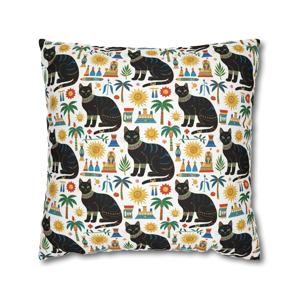 Square Pillowcase - Majestic Black Egyptian Cats with Vibrant Adornments and Desert Motifs Create a Striking and Culturally Rich Design