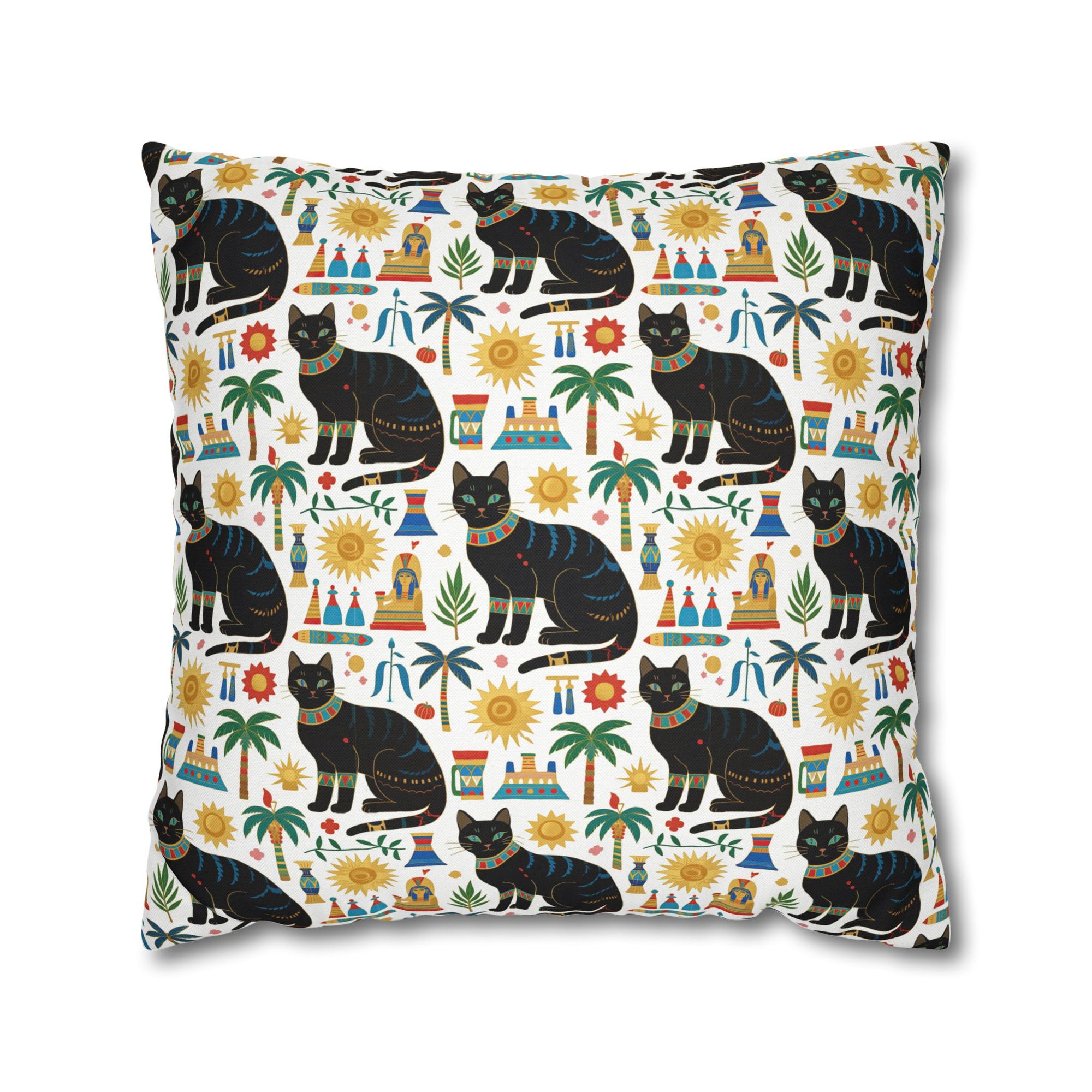 Square Pillowcase - Majestic Black Egyptian Cats with Vibrant Adornments and Desert Motifs Create a Striking and Culturally Rich Design
