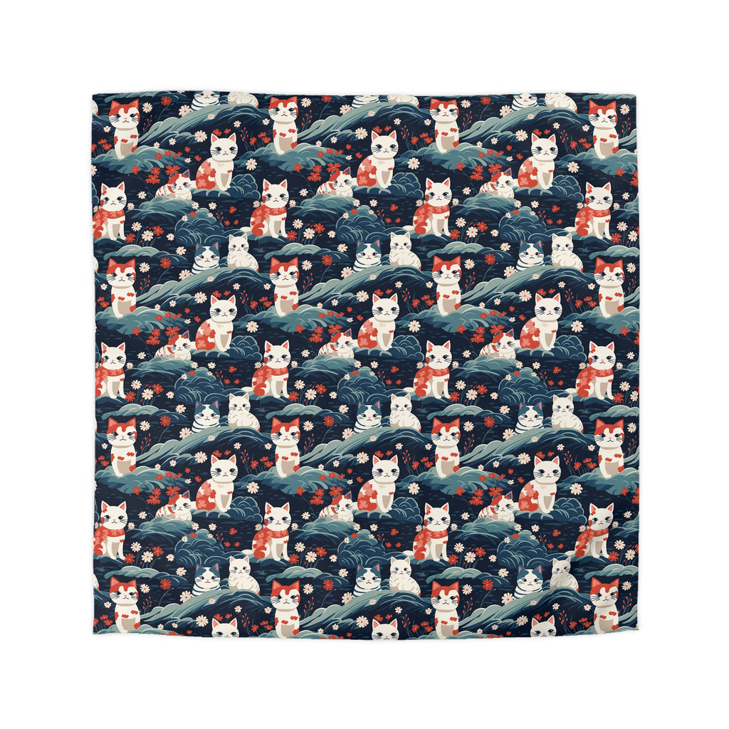 Duvet Cover - A serene and sweet Japanese landscape pattern featuring multicolored cats relaxing within a tranquil field of red and white flowers and gentle blue hills.