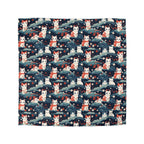 Duvet Cover - A serene and sweet Japanese landscape pattern featuring multicolored cats relaxing within a tranquil field of red and white flowers and gentle blue hills.