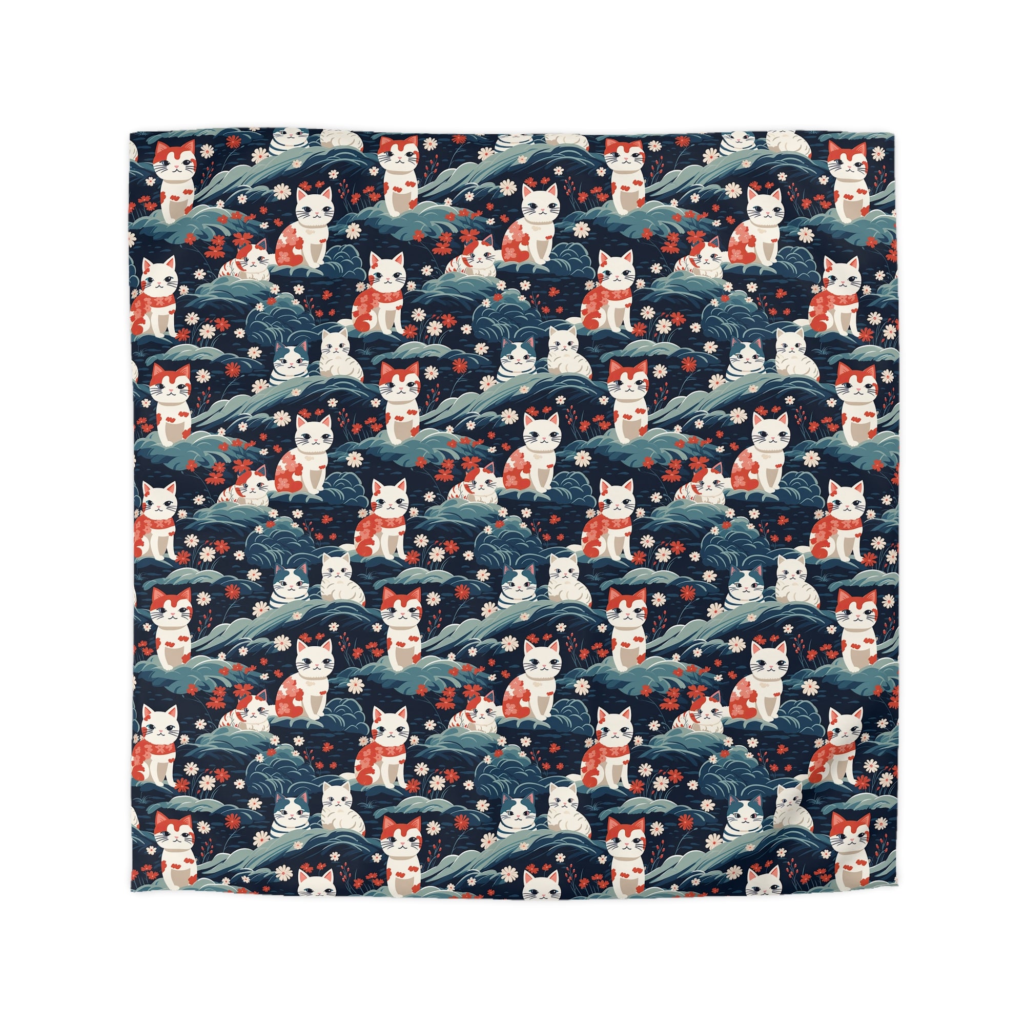 Duvet Cover - A serene and sweet Japanese landscape pattern featuring multicolored cats relaxing within a tranquil field of red and white flowers and gentle blue hills.