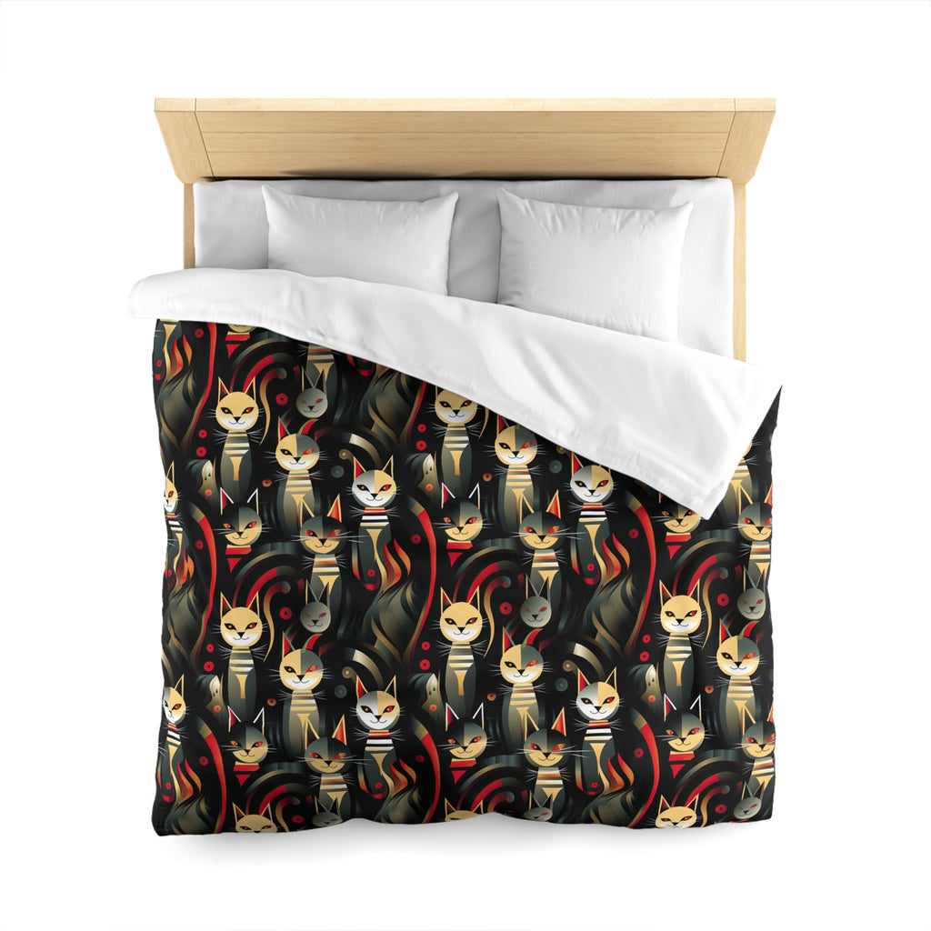 Duvet Cover - A bold and striking Art Deco pattern showcasing stylized feline portraits with sharp, gold lines and geometric shapes set against a dark, dramatic background.