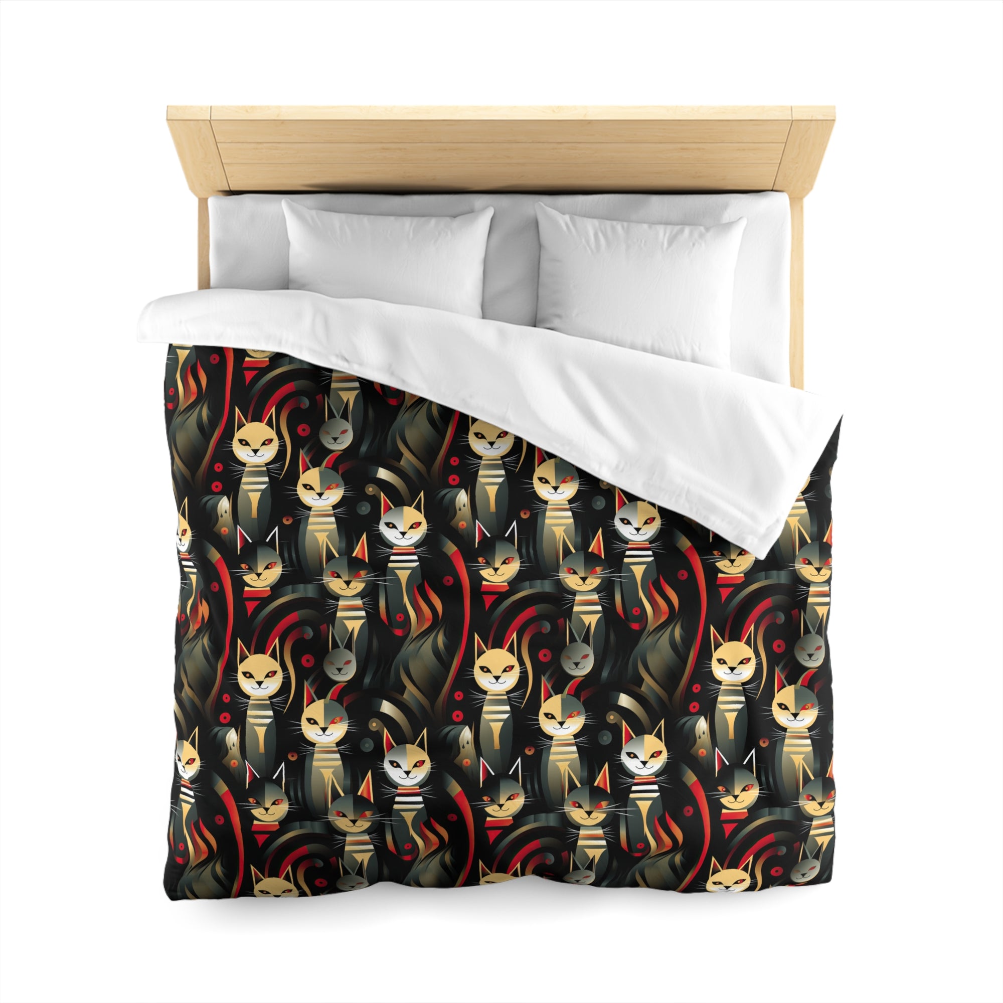 Duvet Cover - A bold and striking Art Deco pattern showcasing stylized feline portraits with sharp, gold lines and geometric shapes set against a dark, dramatic background.