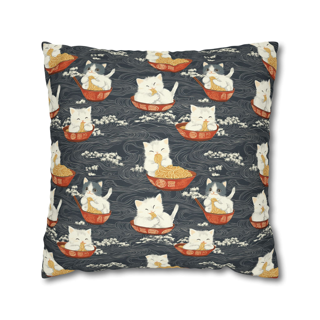 Square Pillowcase - An adorable and cute pattern of baby cats happily eating steaming ramen noodles from traditional red and white bowls with beautiful white floral elements surrounding them.