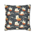Square Pillowcase - An adorable and cute pattern of baby cats happily eating steaming ramen noodles from traditional red and white bowls with beautiful white floral elements surrounding them.