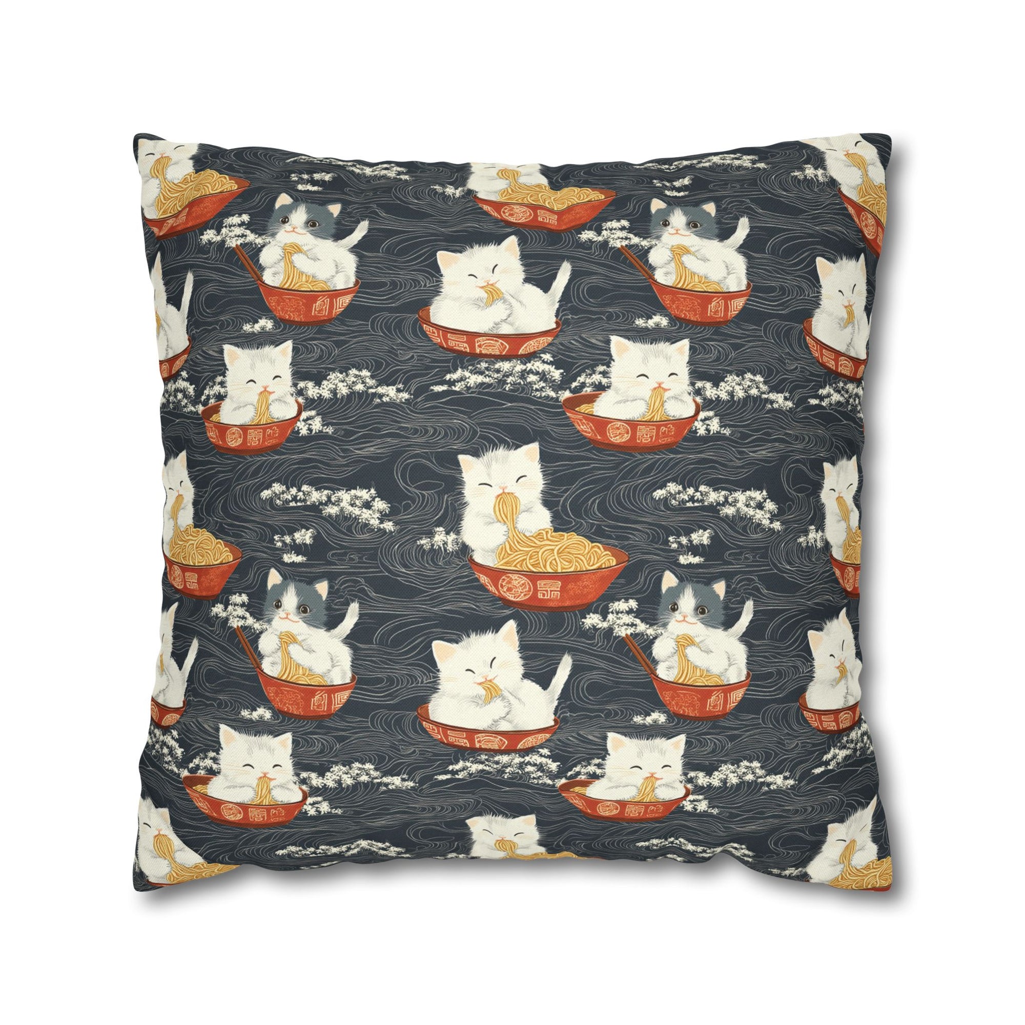 Square Pillowcase - An adorable and cute pattern of baby cats happily eating steaming ramen noodles from traditional red and white bowls with beautiful white floral elements surrounding them.