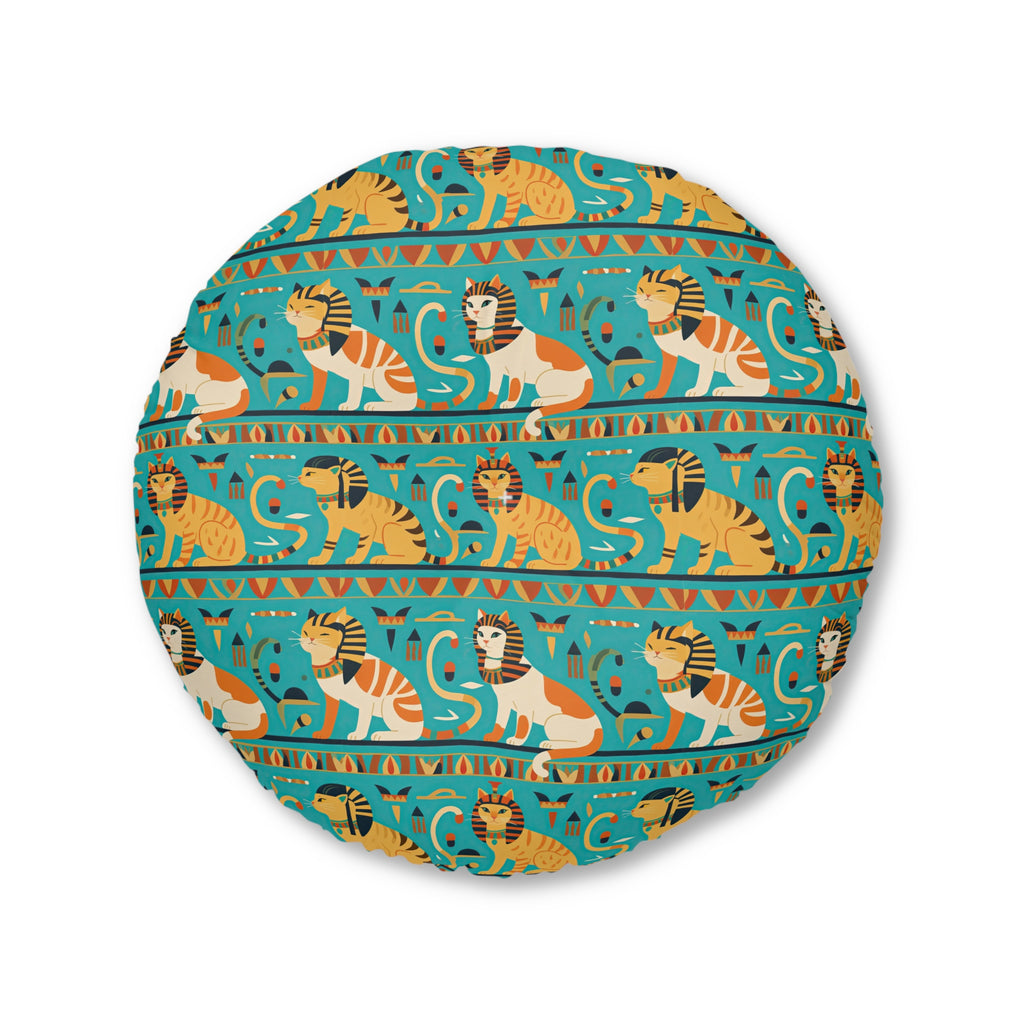 Indoor Round Floor Pillow - Horizontal Stripes of Golden Egyptian Cats and Intricate Hieroglyphs Form a Repeating and Historically Themed Border Pattern