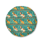 Indoor Round Floor Pillow - Horizontal Stripes of Golden Egyptian Cats and Intricate Hieroglyphs Form a Repeating and Historically Themed Border Pattern