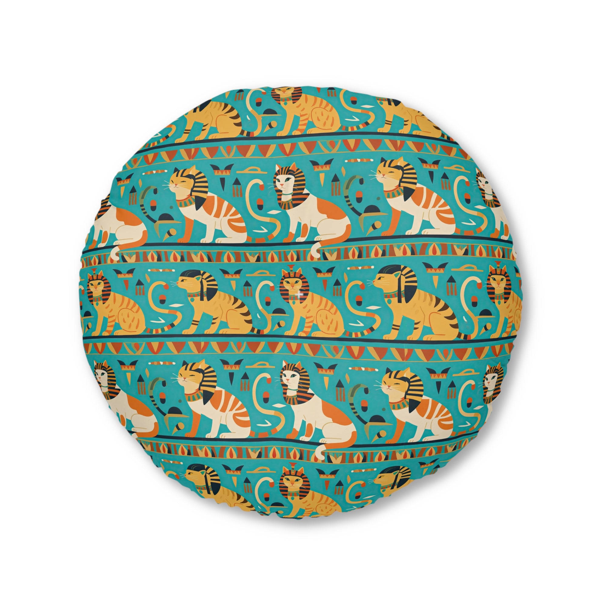 Indoor Round Floor Pillow - Horizontal Stripes of Golden Egyptian Cats and Intricate Hieroglyphs Form a Repeating and Historically Themed Border Pattern