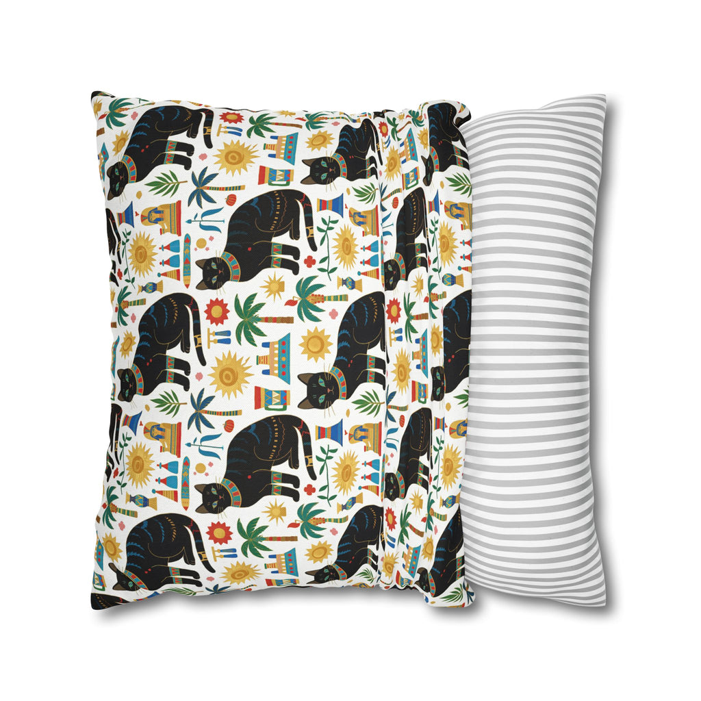 Square Pillowcase - Majestic Black Egyptian Cats with Vibrant Adornments and Desert Motifs Create a Striking and Culturally Rich Design