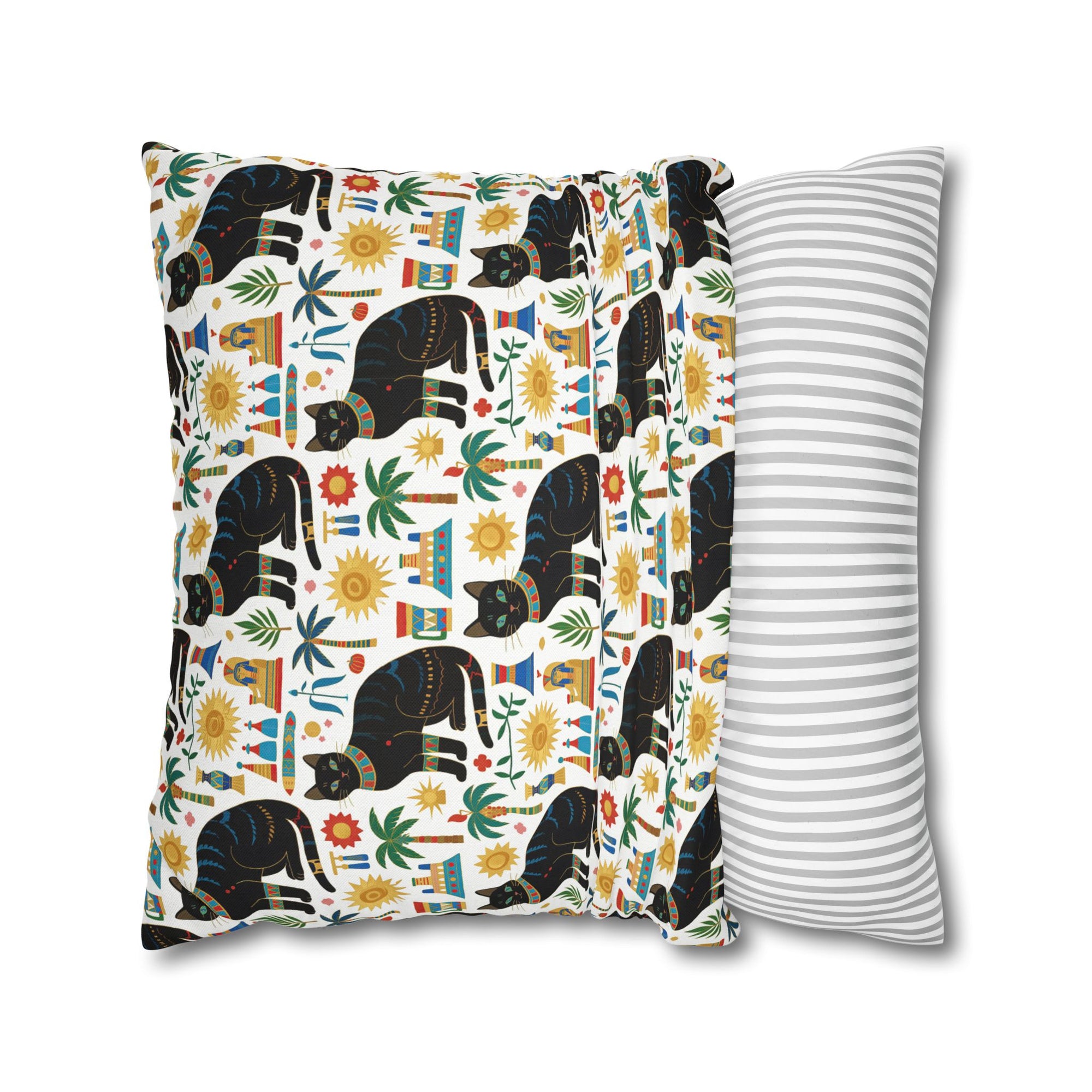 Square Pillowcase - Majestic Black Egyptian Cats with Vibrant Adornments and Desert Motifs Create a Striking and Culturally Rich Design