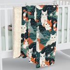 Sherpa Blanket - A whimsical, fluffy, watercolor depiction of various cats of different colors peeking out from a dense dark blue and green bush with white flowers.