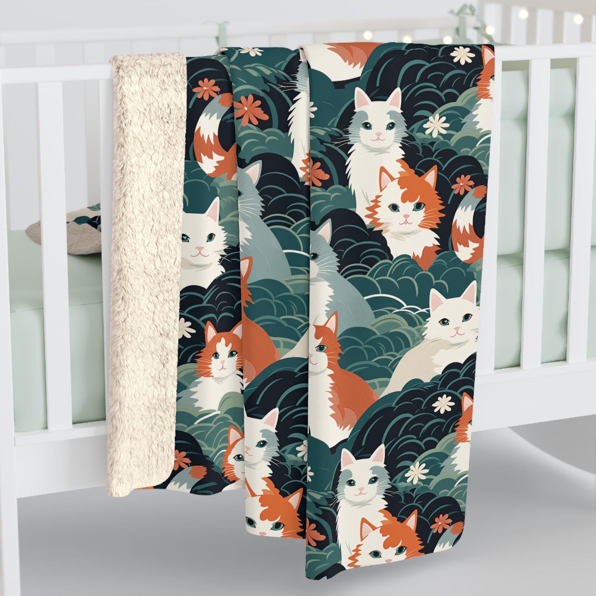 Sherpa Blanket - A whimsical, fluffy, watercolor depiction of various cats of different colors peeking out from a dense dark blue and green bush with white flowers.