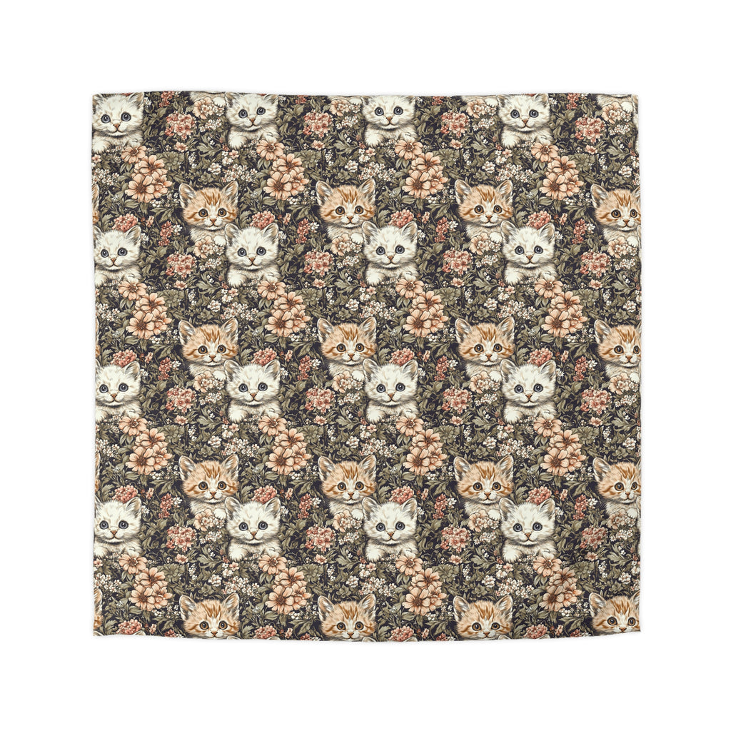 Duvet Cover - Peach and White Kittens in Dark Floral Garden, Vintage Style, Sweet and Charming Scene
