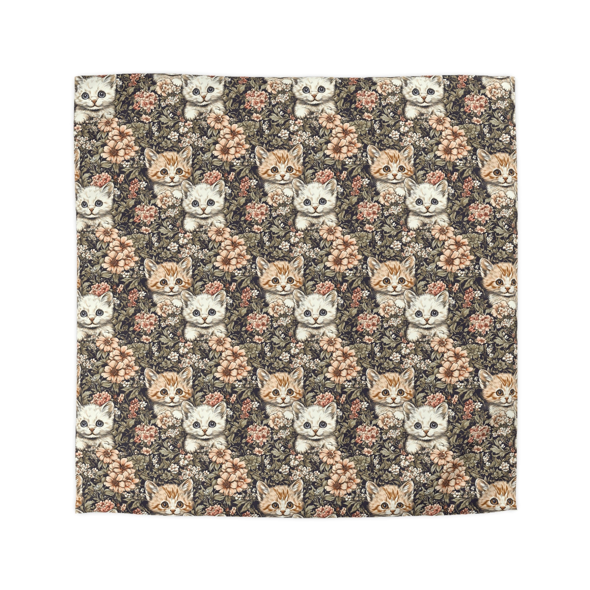 Duvet Cover - Peach and White Kittens in Dark Floral Garden, Vintage Style, Sweet and Charming Scene