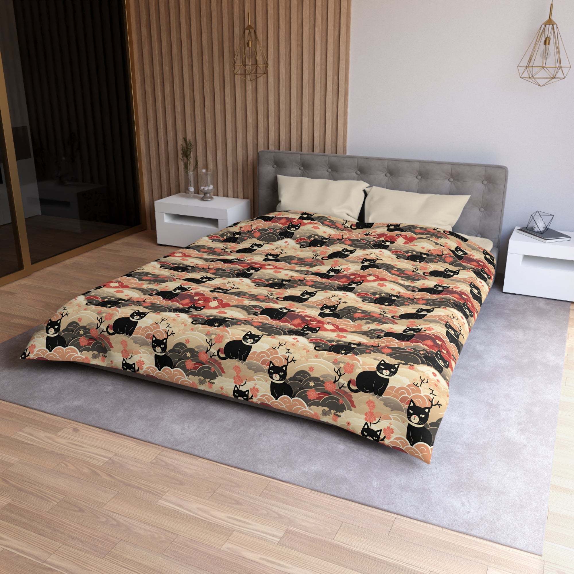 Duvet Cover - A whimsical and enchanting Japanese-style pattern featuring cute black and orange cats nestled among vibrant orange blossoms and soft, cloudy backgrounds.