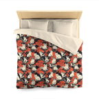 Duvet Cover - A striking black-and-white illustration with red accents of charming cats perched on the branches of trees in a beautiful Japanese woodblock print style.