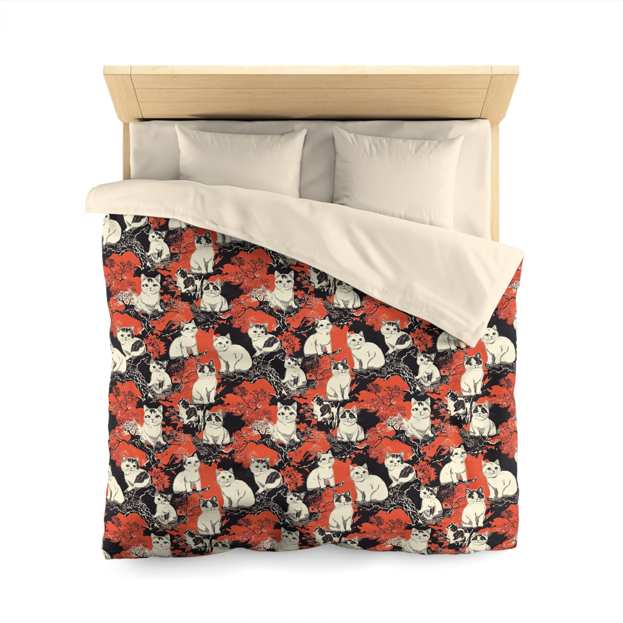 Duvet Cover - A striking black-and-white illustration with red accents of charming cats perched on the branches of trees in a beautiful Japanese woodblock print style.