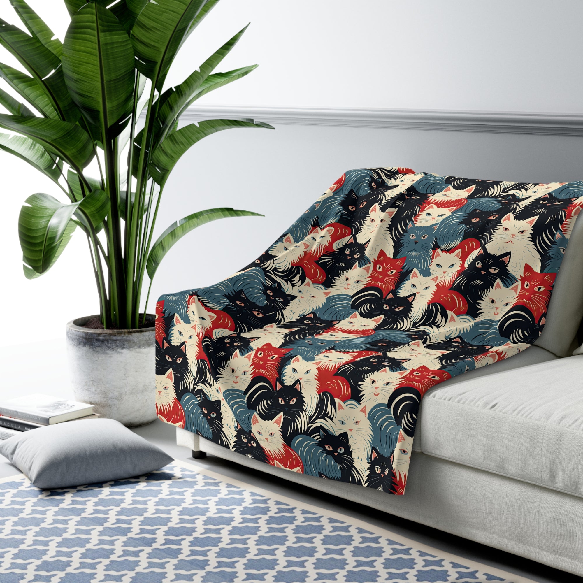 Sherpa Blanket - A bold and graphic pop art style illustration featuring a tight-knit cluster of various fluffy felines in black, white, red, and blue.