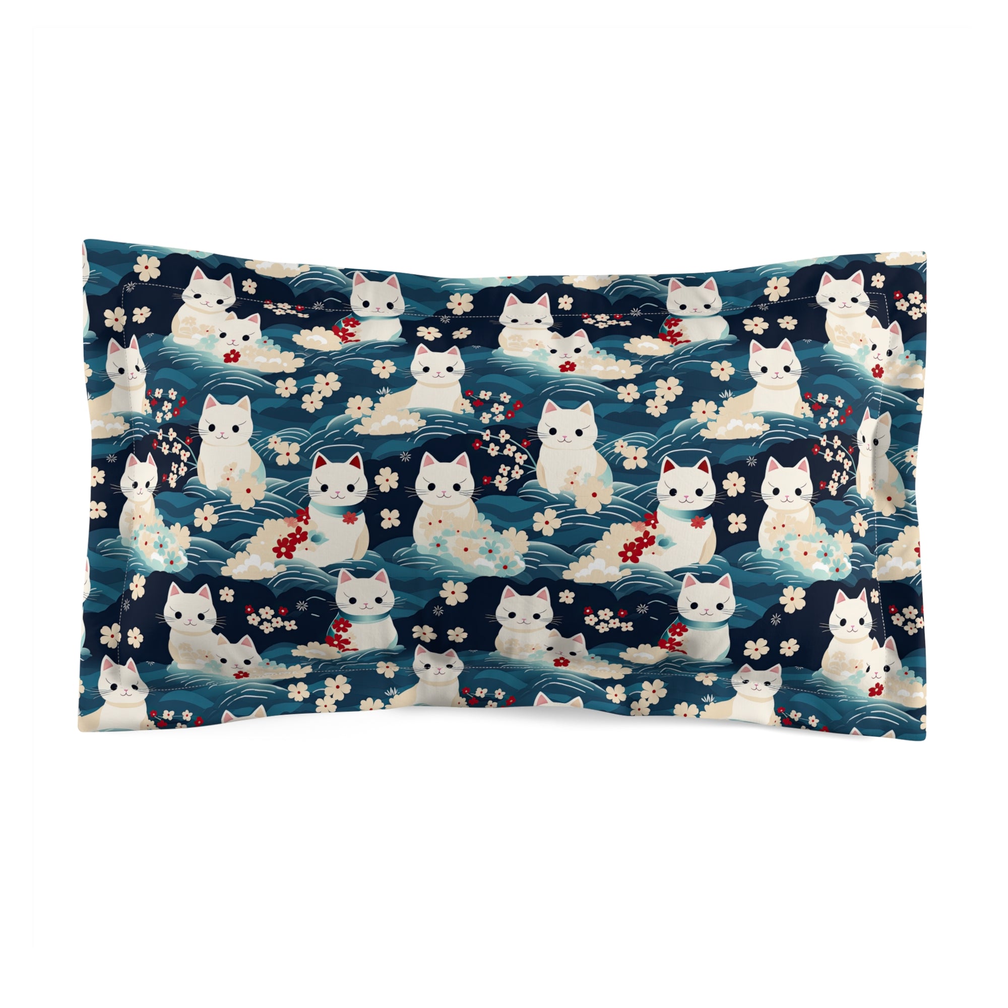 Pillow Sham - A lovely, playful, Japanese-inspired illustration of sweet white cats sitting on rolling blue waves with red and white flowers and gentle clouds.