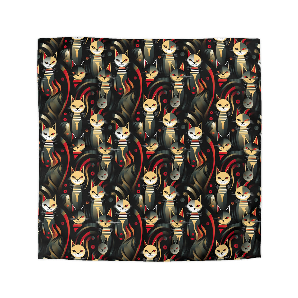 Duvet Cover - A bold and striking Art Deco pattern showcasing stylized feline portraits with sharp, gold lines and geometric shapes set against a dark, dramatic background.