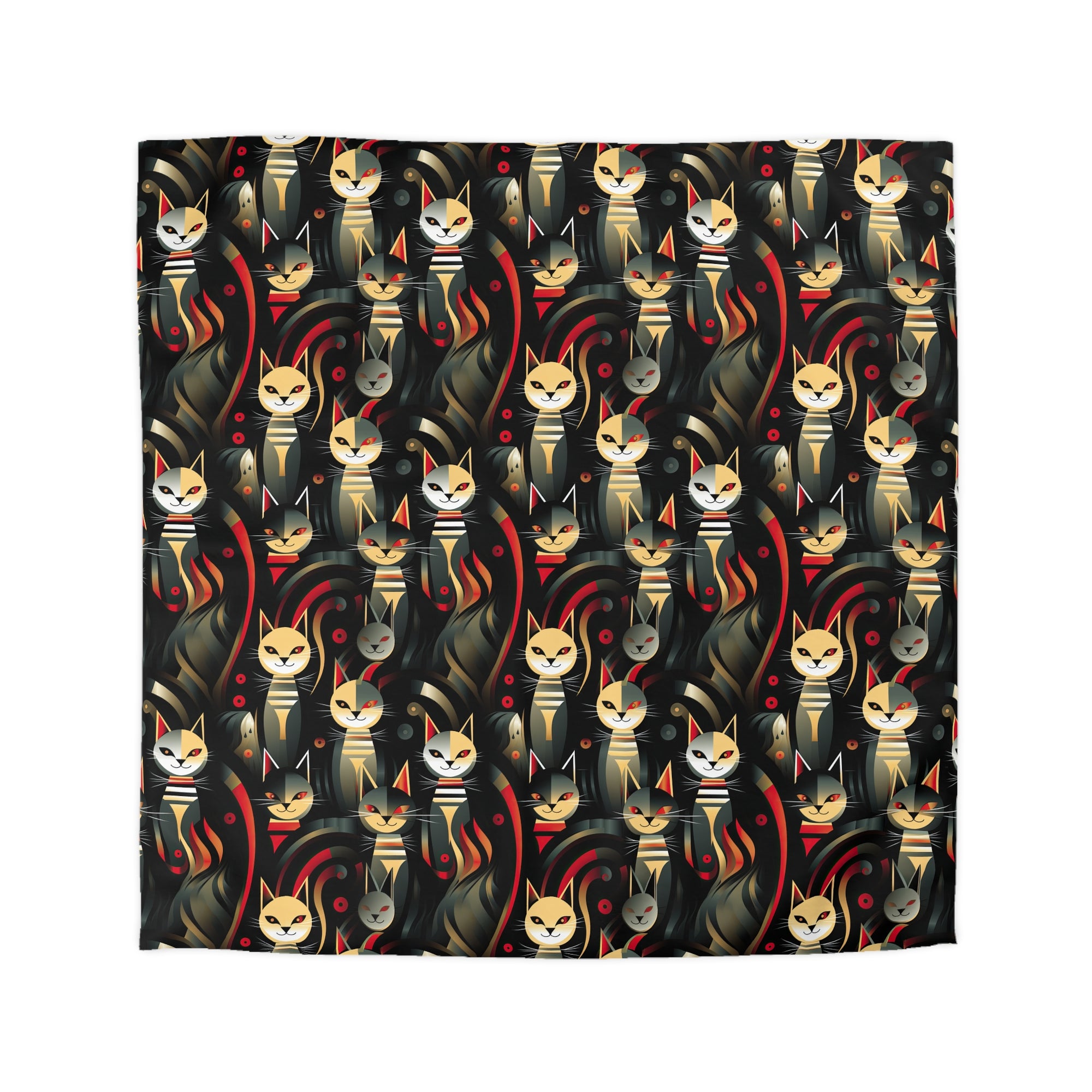 Duvet Cover - A bold and striking Art Deco pattern showcasing stylized feline portraits with sharp, gold lines and geometric shapes set against a dark, dramatic background.